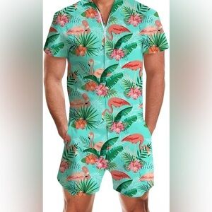 UNIFACO Mens Printed One Piece Short Sleeve Zipper Rompers Summer Overall Pocket